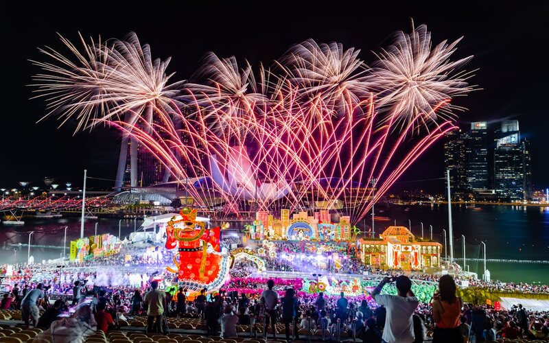 crowd celebrating new year in a city center singapore